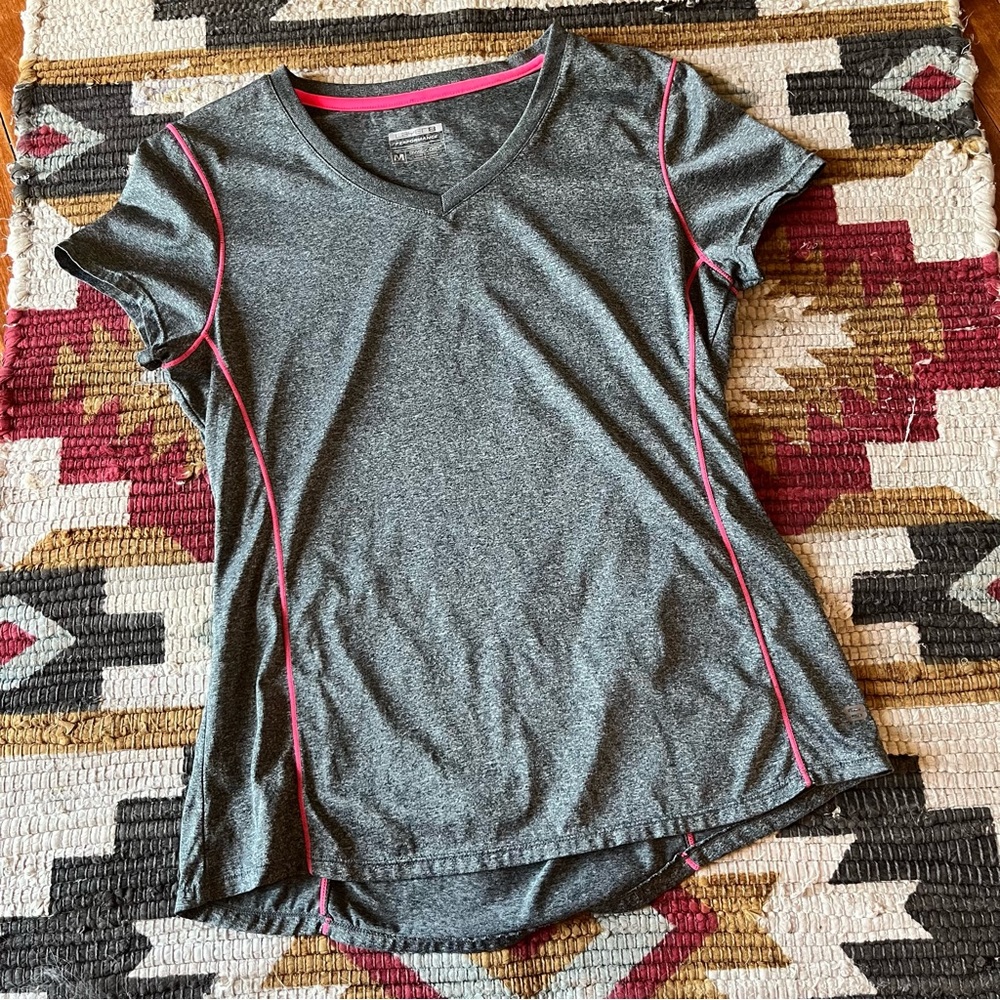 Gray Athletic Top with Pink Stitch Detail